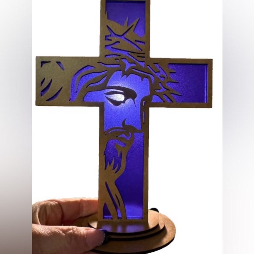 Hand crafted by me wood cross with Jesus Face approximately 10” made to order